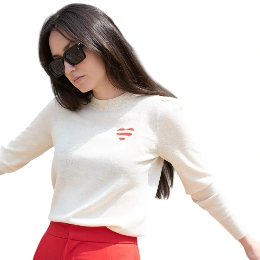 NWT YAPA Light Weight Baby Alpaca Sweater Off White Stepped Heart Medium $225
